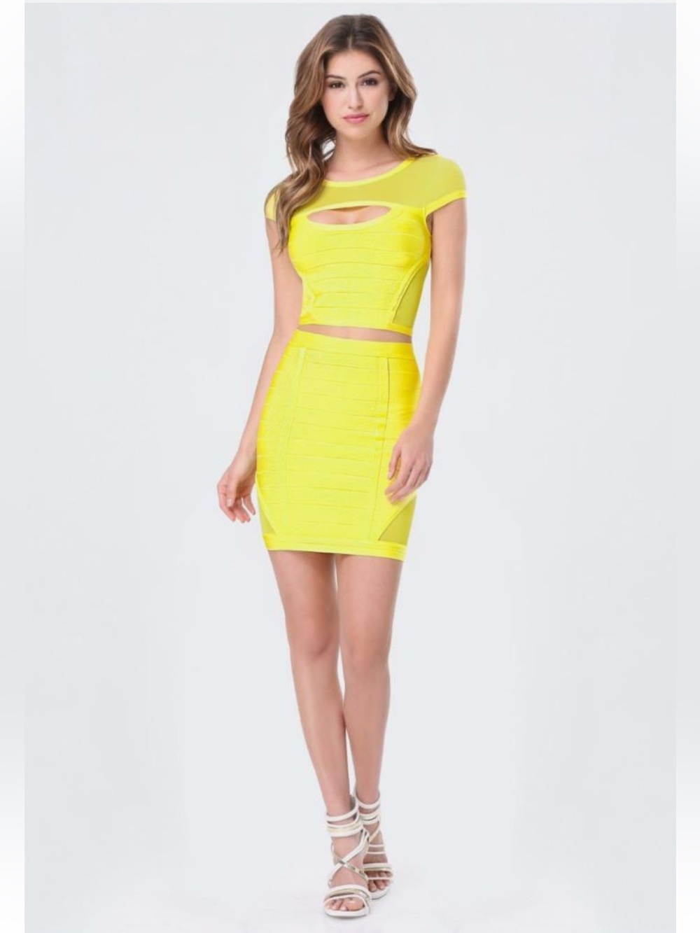 BEBE YELLOW OLIVIA BANDAGE MESH PEEKABOO STRETCH SET